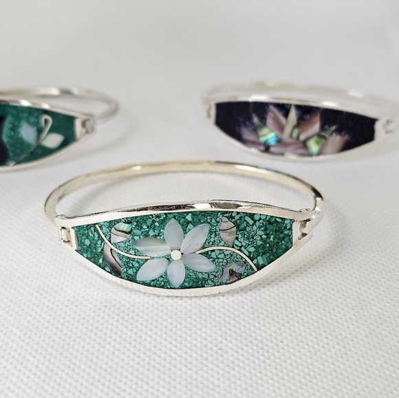 Vintage 3 Crushed Turquoise & Abalone Alpaca Silver Bracelets! - Picture 7 of 10